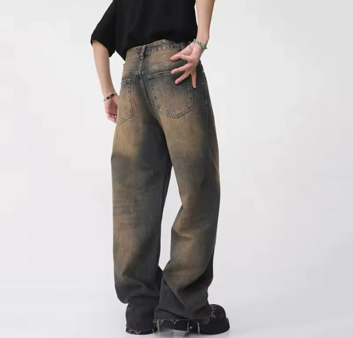 Distressed Navy Desert Wash Wide Leg Jeans