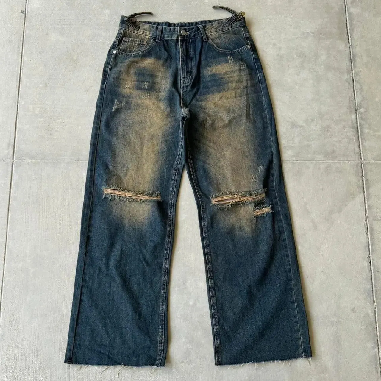 Distressed Navy Desert Wash Wide Leg Jeans