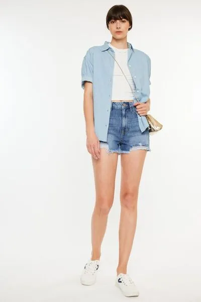 Distressed Raw Hem High Waist Denim Shorts