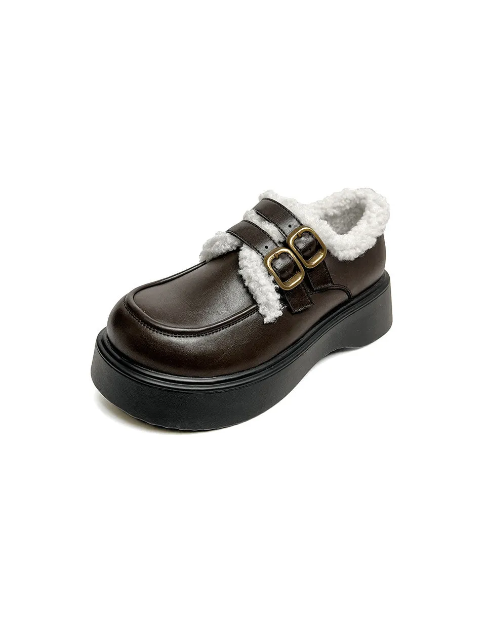 Double Buckle Round Toe Winter Loafers With Fur