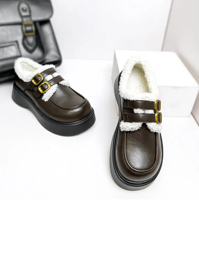 Double Buckle Round Toe Winter Loafers With Fur