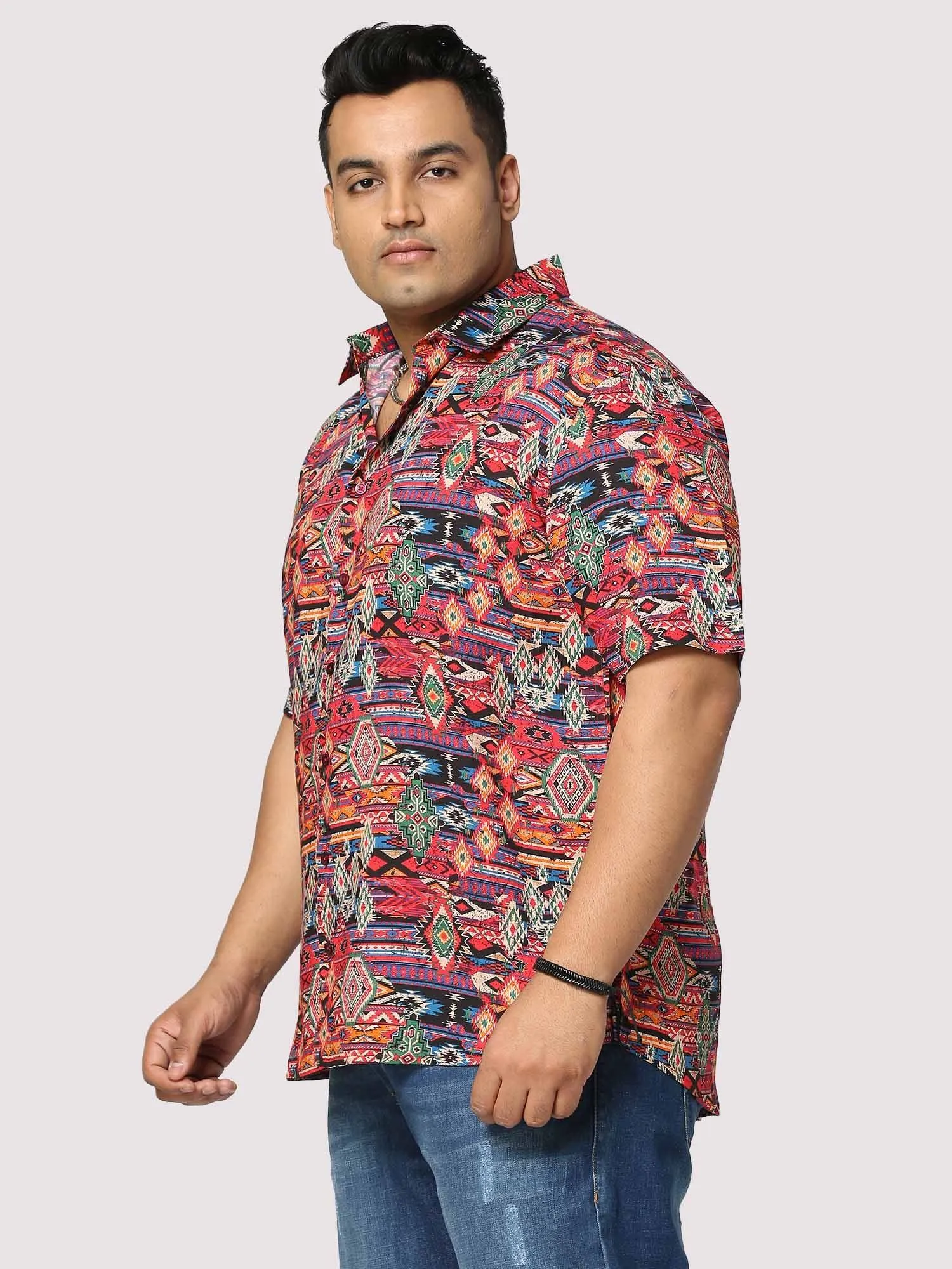 Electro Digital Printed Half Shirt Men's Plus Size