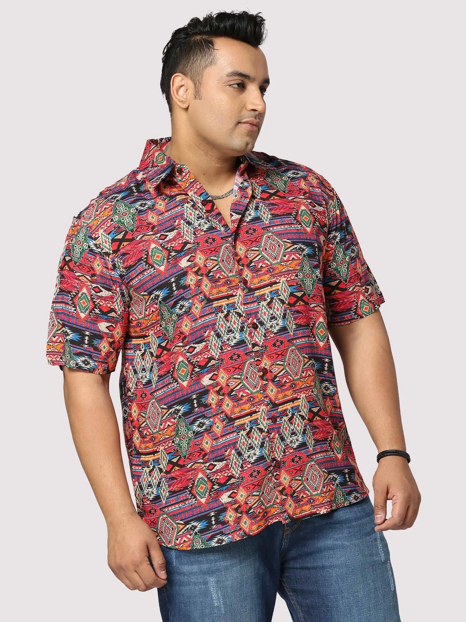 Electro Digital Printed Half Shirt Men's Plus Size