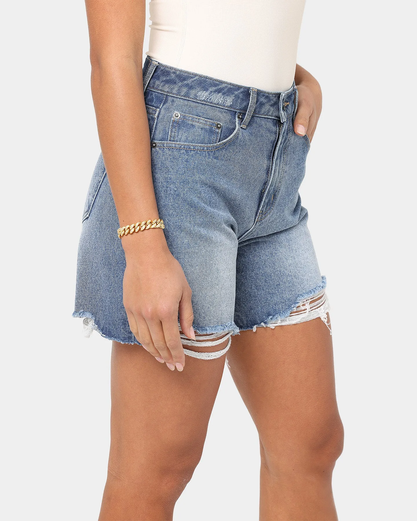 EN ES Women's Boyfriend Denim Short Blue Denim