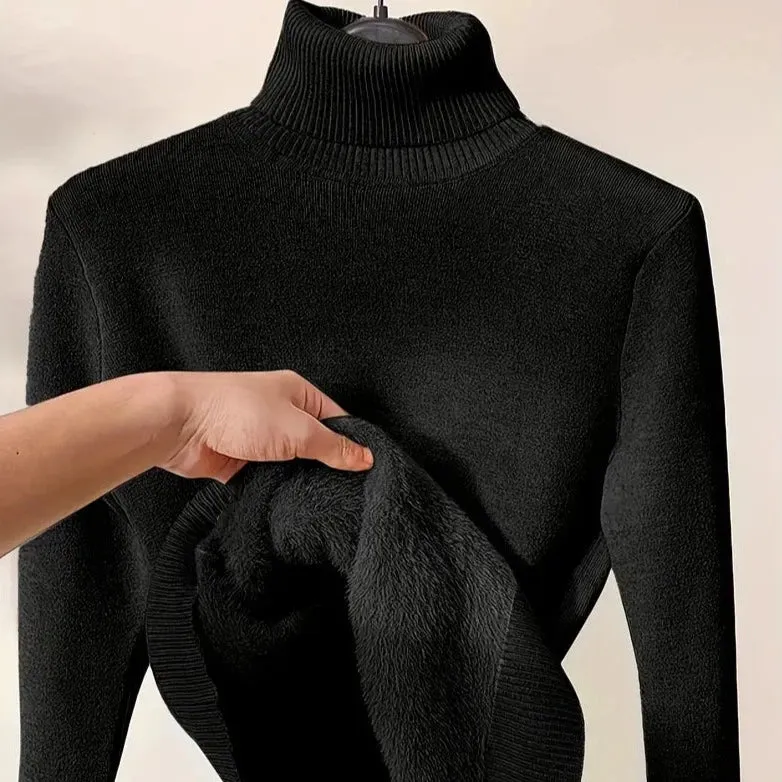 Fleece Turtleneck Sweater - Women's Thermal Fleece Lined Turtleneck Sweater