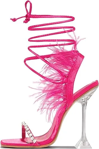 Fuchsia Feather Lace-Up Heeled Sandals Strappy Slingback Open Square Toe Clear Heels For Women