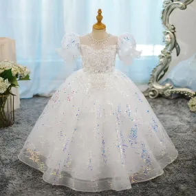 Girls Princess Dress Flower Girl Wedding Embroidered Sequin Birthday Party Evening Dress