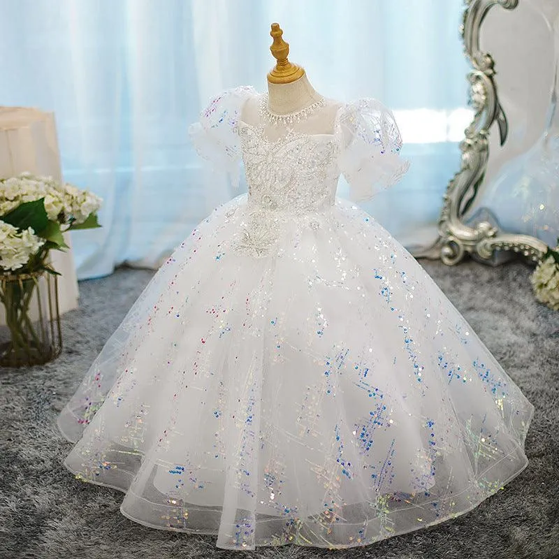 Girls Princess Dress Flower Girl Wedding Embroidered Sequin Birthday Party Evening Dress