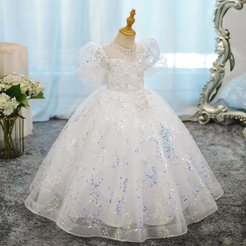 Girls Princess Dress Flower Girl Wedding Embroidered Sequin Birthday Party Evening Dress