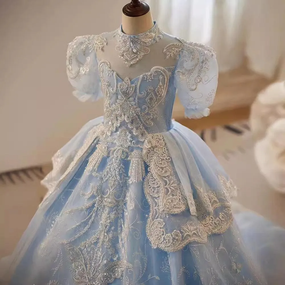 Girls Princess Dress New Puff Sleeve Sequin Embroidery Fluffy Blue Girls Evening Dress