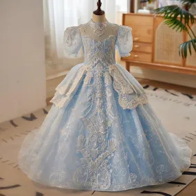 Girls Princess Dress New Puff Sleeve Sequin Embroidery Fluffy Blue Girls Evening Dress