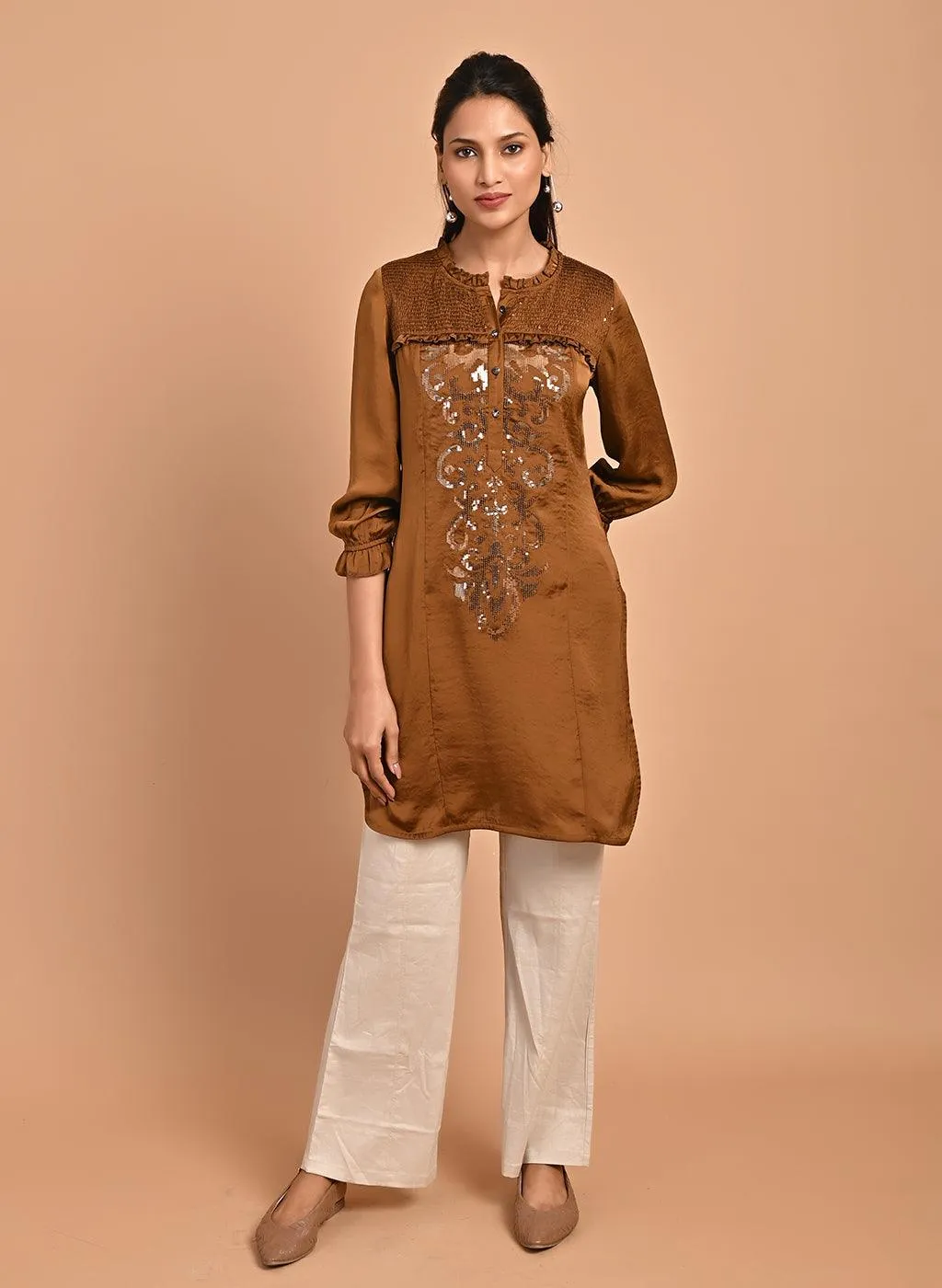 Gold Satin Kurti with Sequin Work and Puff Sleeves