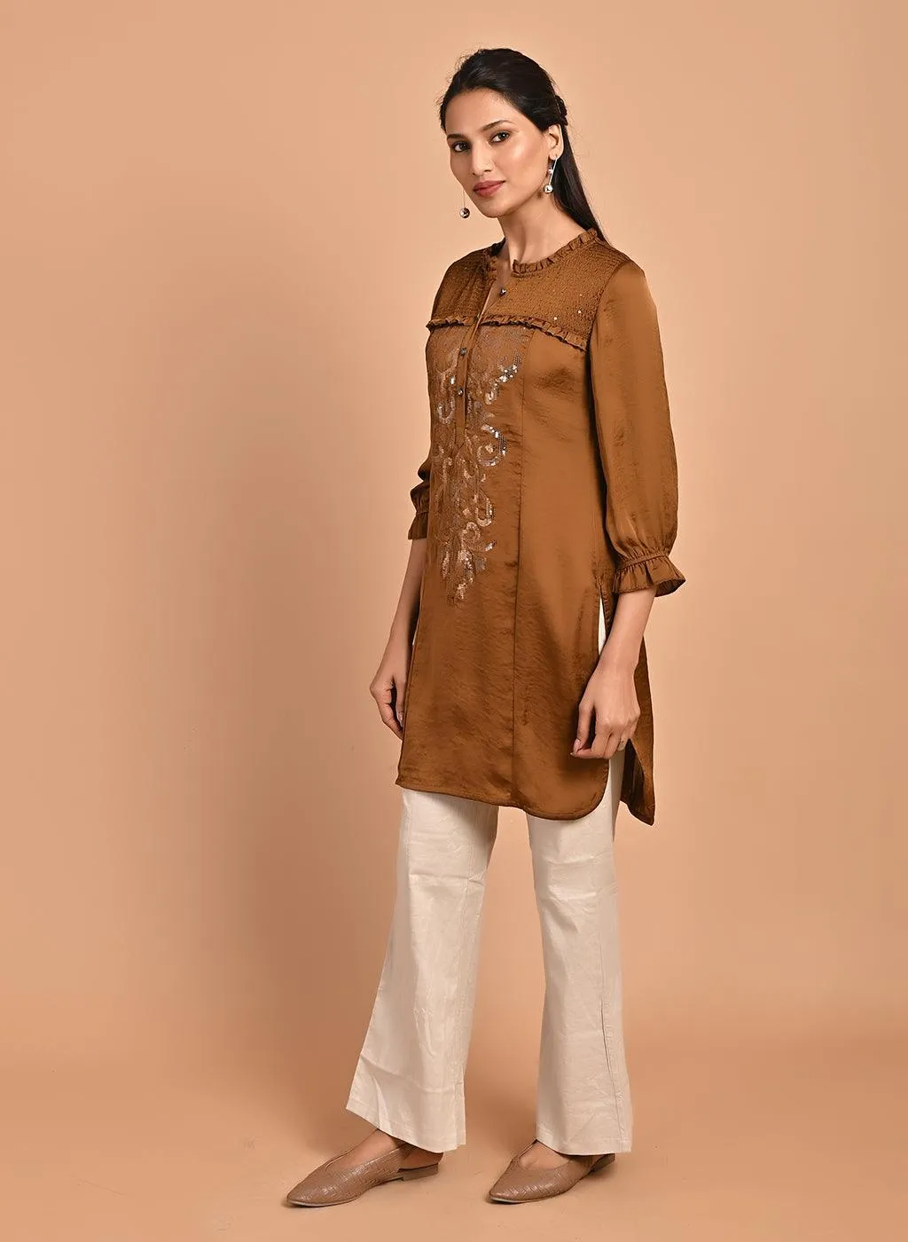 Gold Satin Kurti with Sequin Work and Puff Sleeves