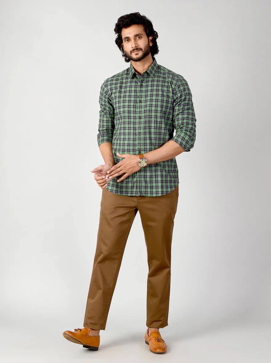 Green & Brown Checked Slim Fit Casual Shirt | JadeBlue