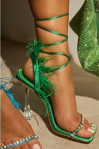 Green Feather Lace-Up Heeled Sandals Strappy Slingback Open Square Toe Clear Heels For Women