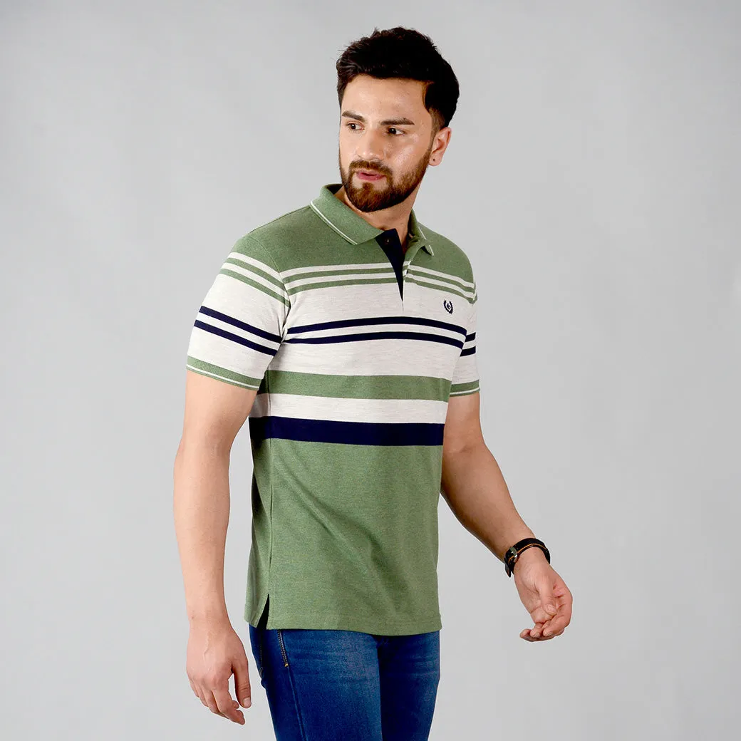 Kashmir Green Striped Slim Fit Polo T-shirt | Greenfibre