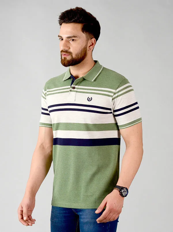 Kashmir Green Striped Slim Fit Polo T-shirt | Greenfibre