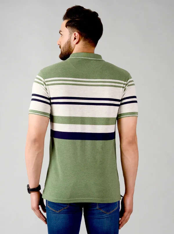 Kashmir Green Striped Slim Fit Polo T-shirt | Greenfibre