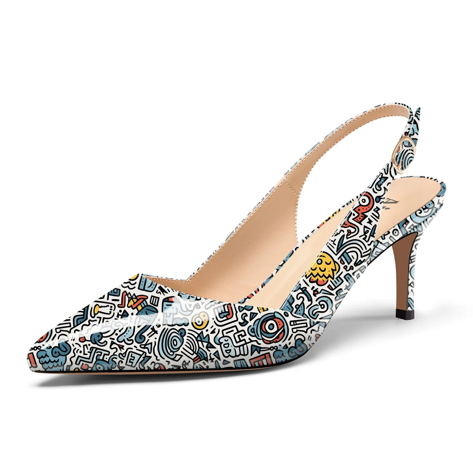 Ladies' Pointed Toe Slingback Pumps 2.3-Inch Heel, Alluringly Sleek with Patent Leather Finish, Colorful Prints Fashionably Versatile Shoes