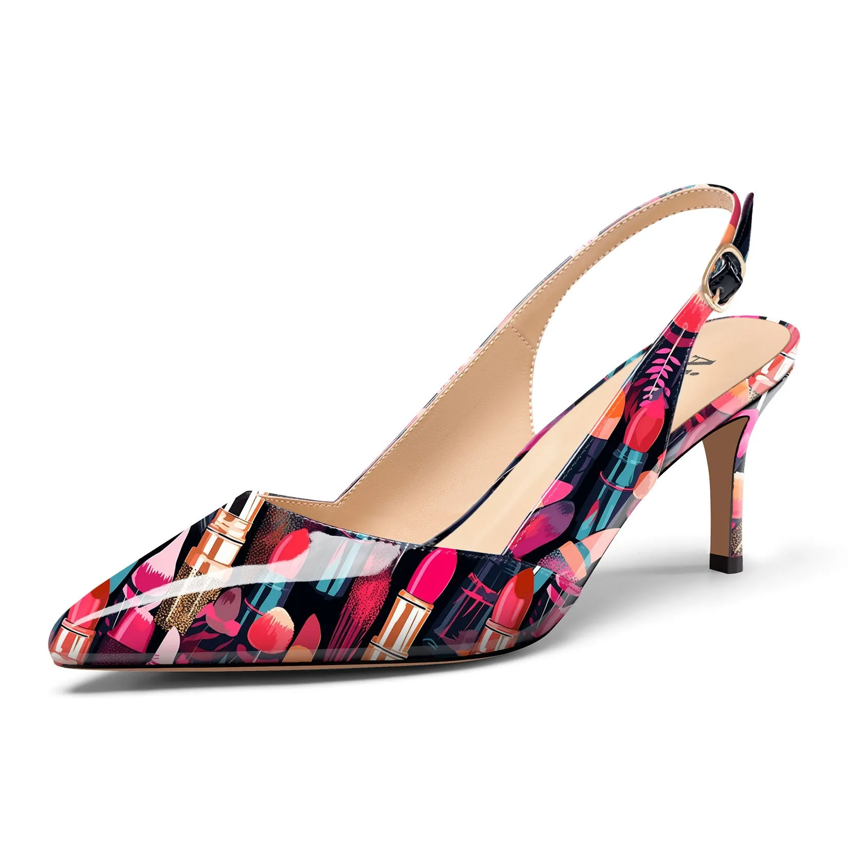 Ladies' Pointed Toe Slingback Pumps 2.3-Inch Heel, Alluringly Sleek with Patent Leather Finish, Colorful Prints Fashionably Versatile Shoes