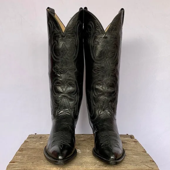 LARRY MAHAN Vintage New Tall Knee High Black Leather Cowgirl Western Boots