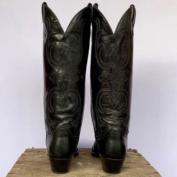 LARRY MAHAN Vintage New Tall Knee High Black Leather Cowgirl Western Boots