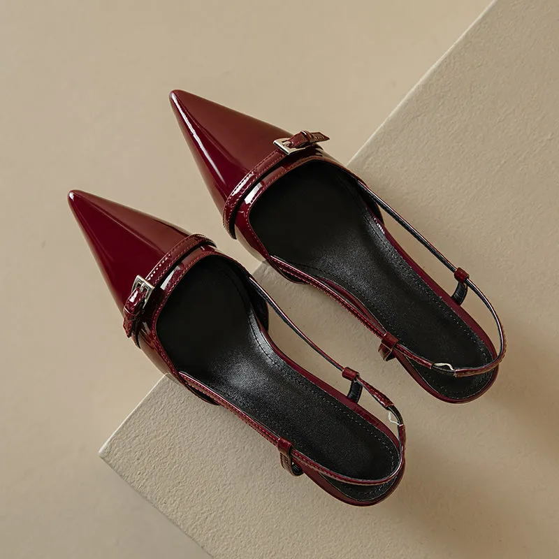 Leather Pointed Toe Kitten Heel Slingback Pumps with Buckled Straps