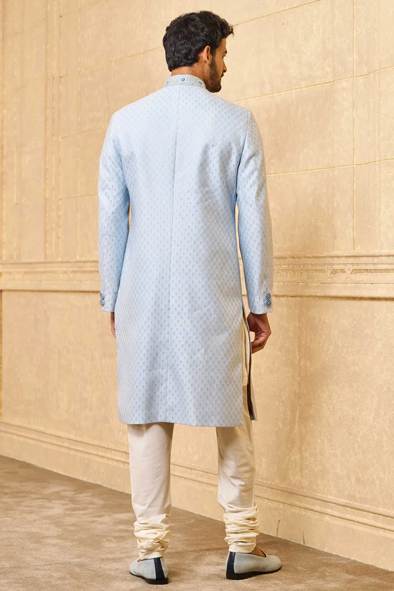 Light Blue Jacquard Sherwani With Embroidered Collar