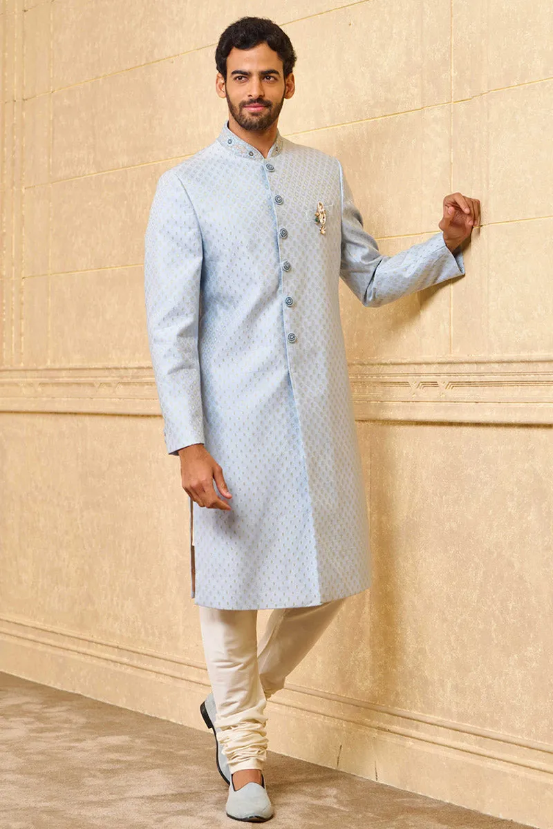 Light Blue Jacquard Sherwani With Embroidered Collar