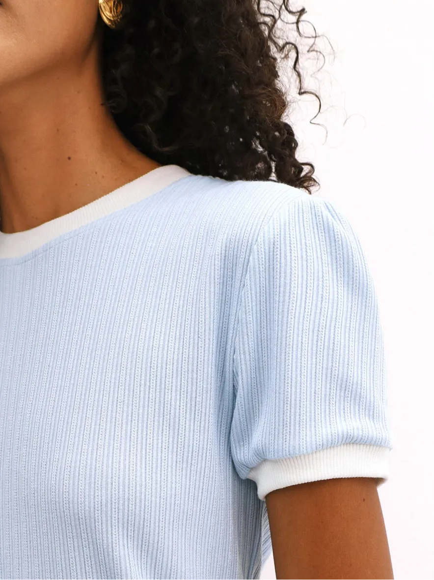 Louisa Retro Day Top | Sky Blue & White