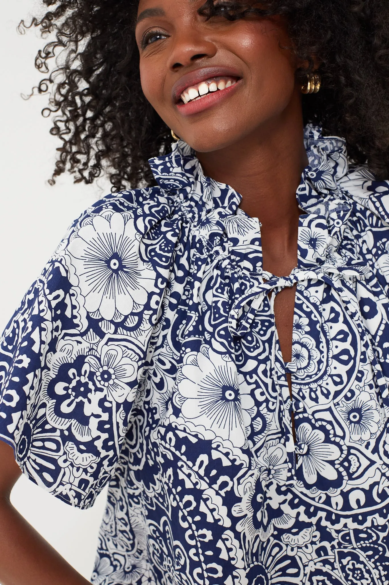 Navy and White Floral Thea Blouse