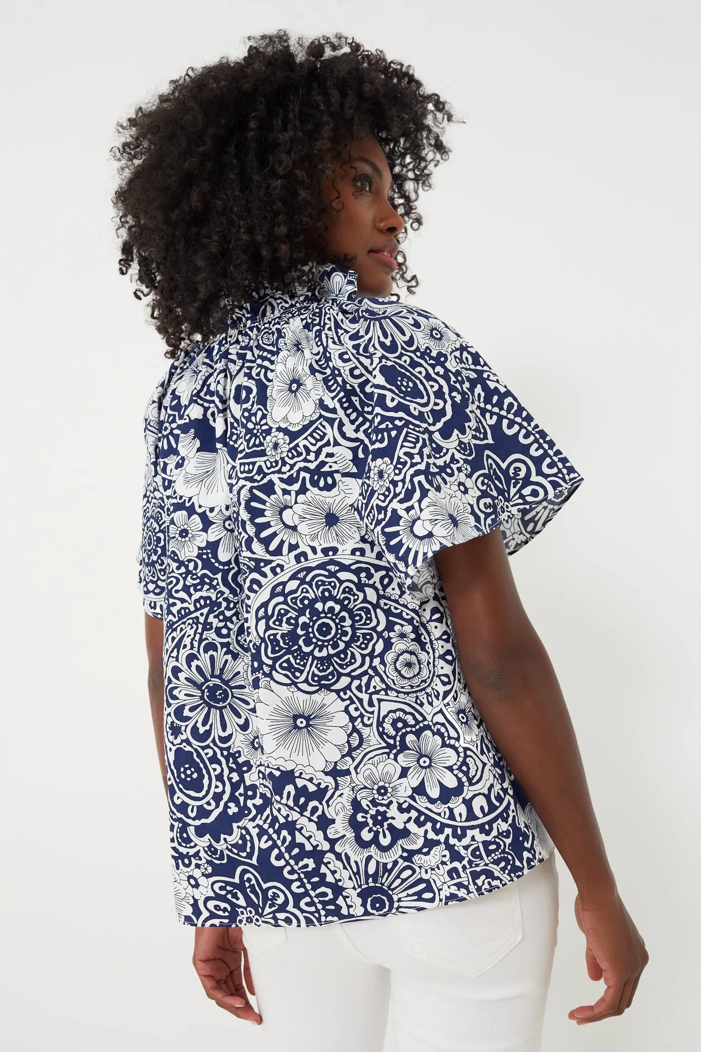 Navy and White Floral Thea Blouse