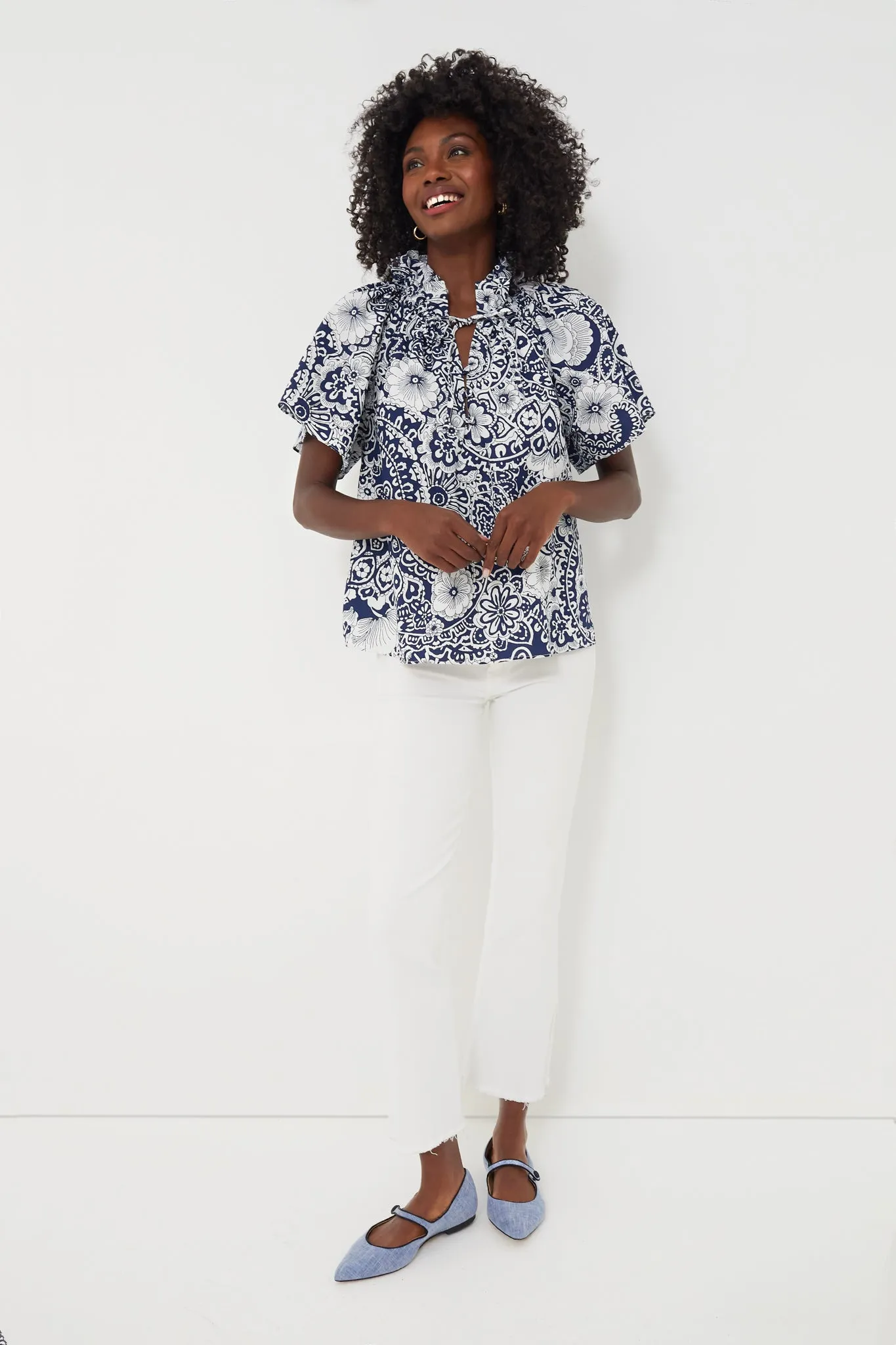 Navy and White Floral Thea Blouse