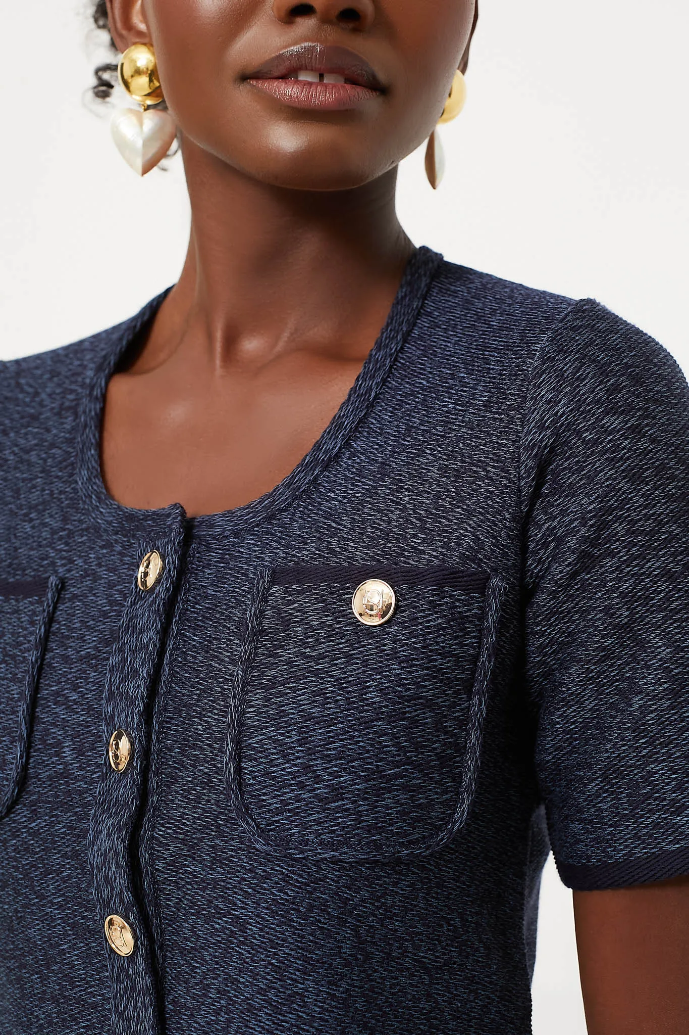 Navy Blue Denim Look U-Neck Cardigan