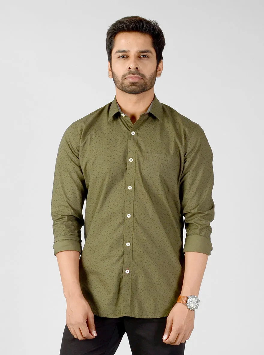 Olive Green Printed Smart Fit Casual Shirt | Greenfibre