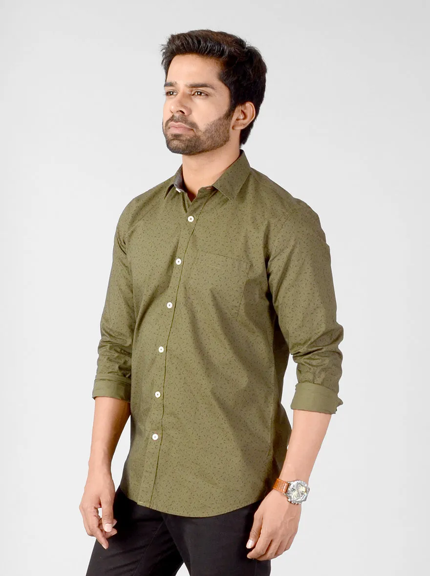 Olive Green Printed Smart Fit Casual Shirt | Greenfibre