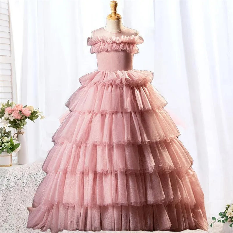 Pink cute and sweet mesh fluffy cake skirt birthday party tail girl dress