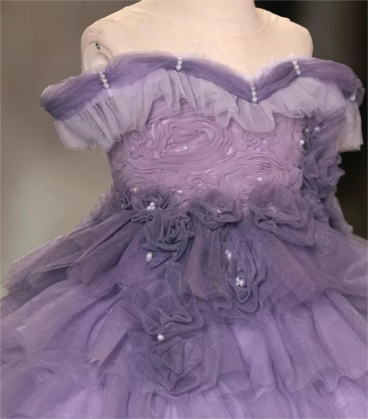 Purple Flower Birthday party stage performance sequins for girl princess dress