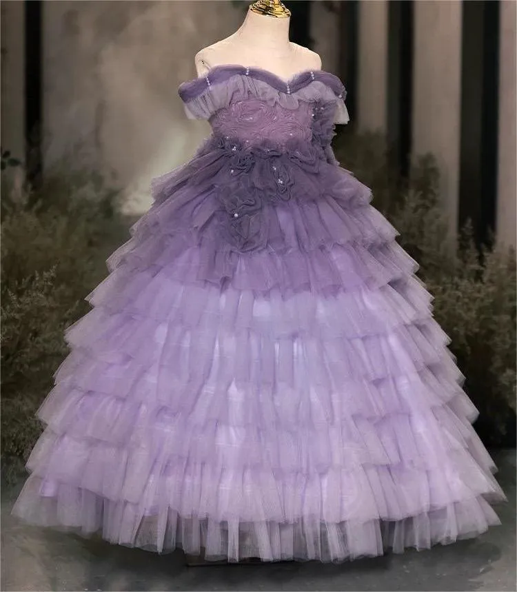 Purple Flower Birthday party stage performance sequins for girl princess dress