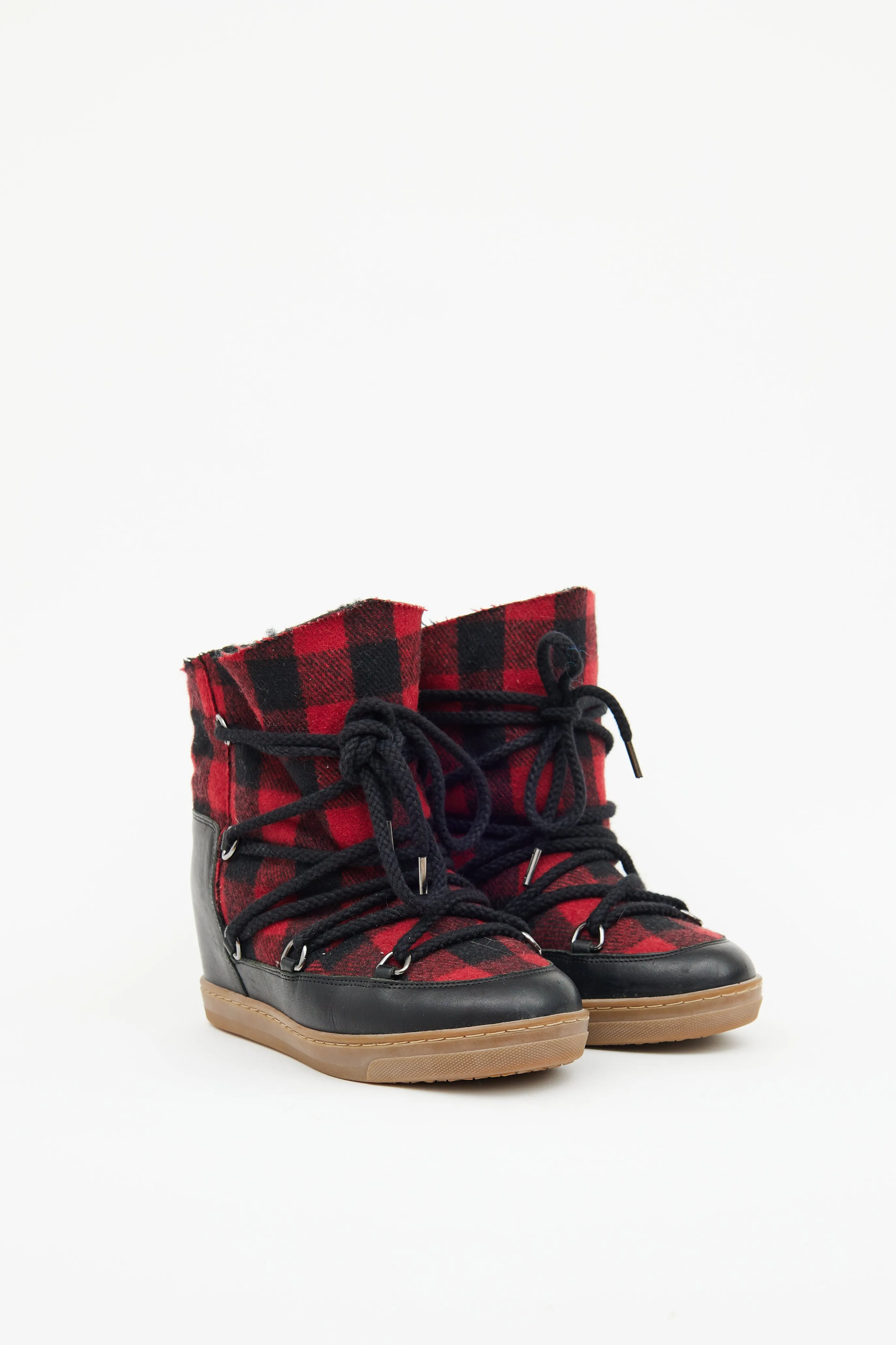 Red & Black Tartan Wedge Boots