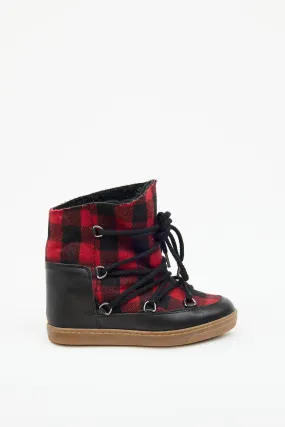 Red & Black Tartan Wedge Boots