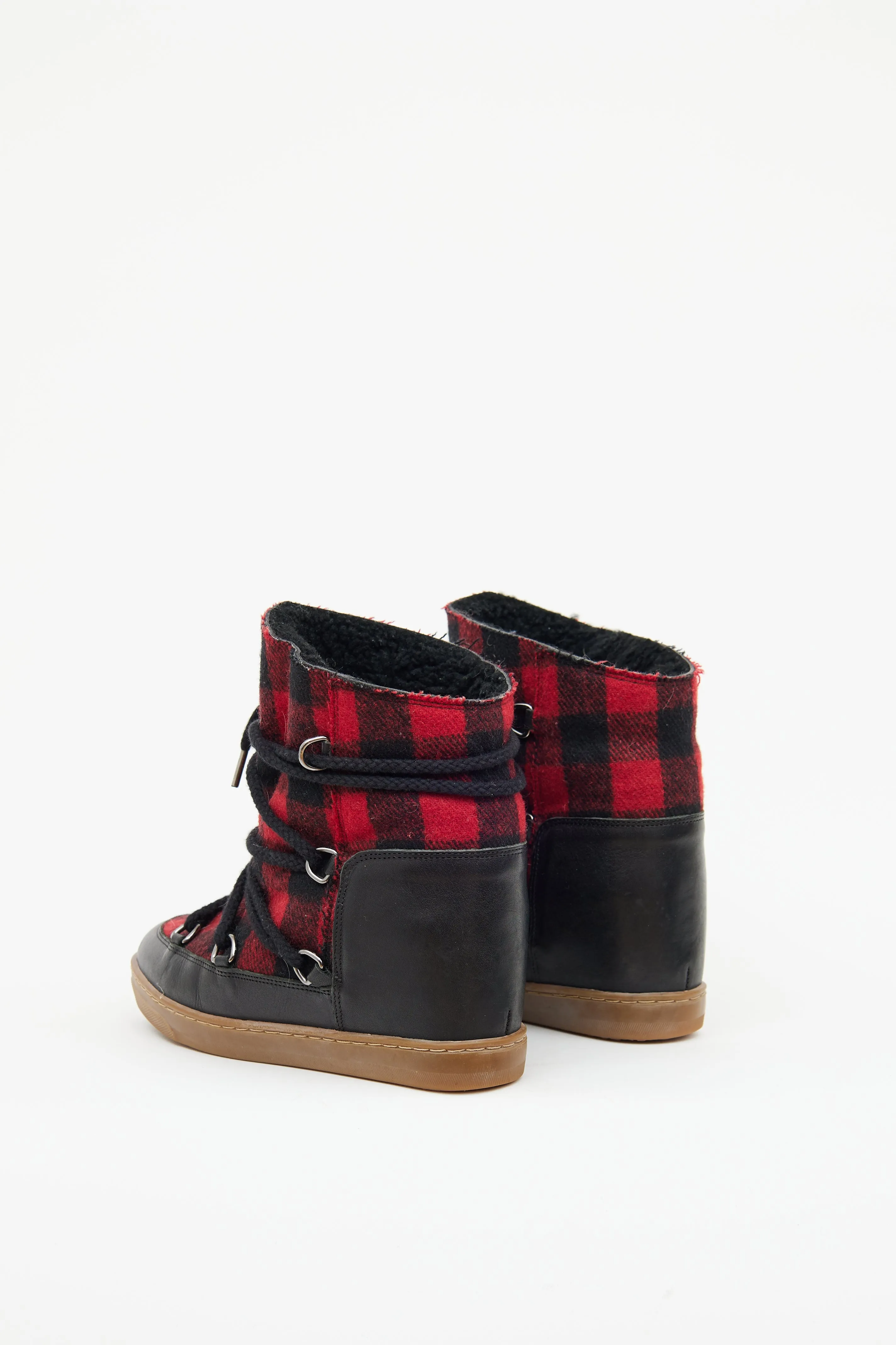 Red & Black Tartan Wedge Boots