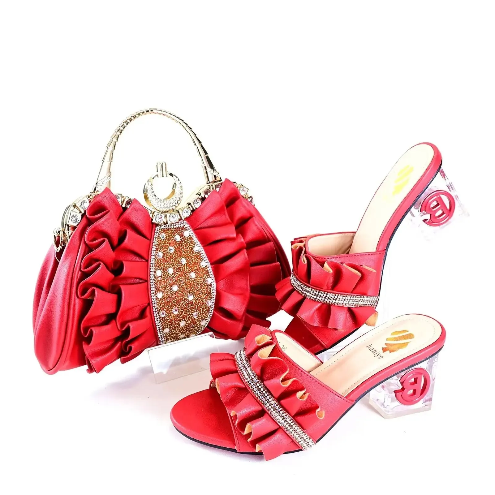 Rhinestone Inlaid High Heels Elegant Ladies Party Sandals And Designer Bag Set