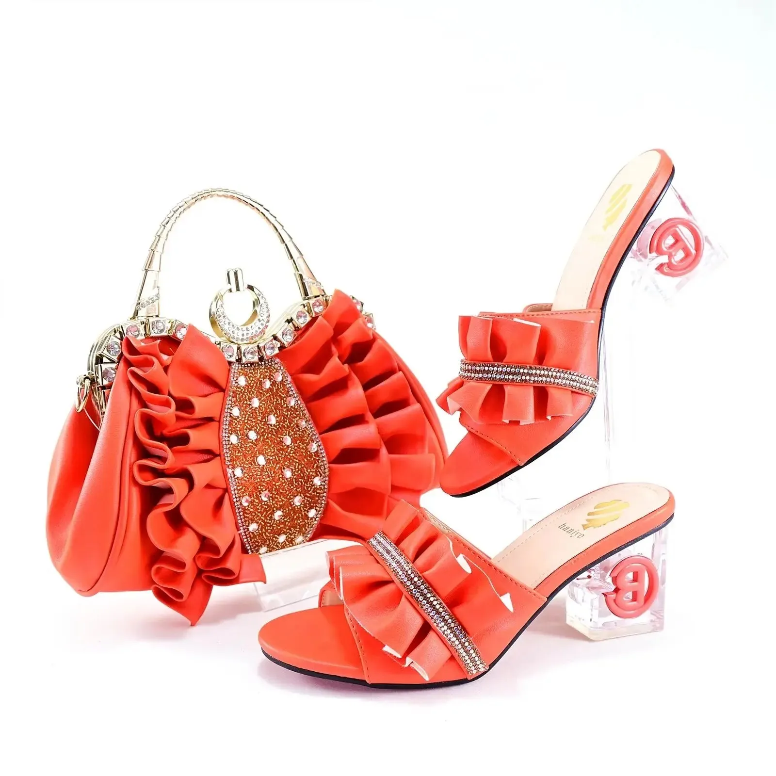 Rhinestone Inlaid High Heels Elegant Ladies Party Sandals And Designer Bag Set