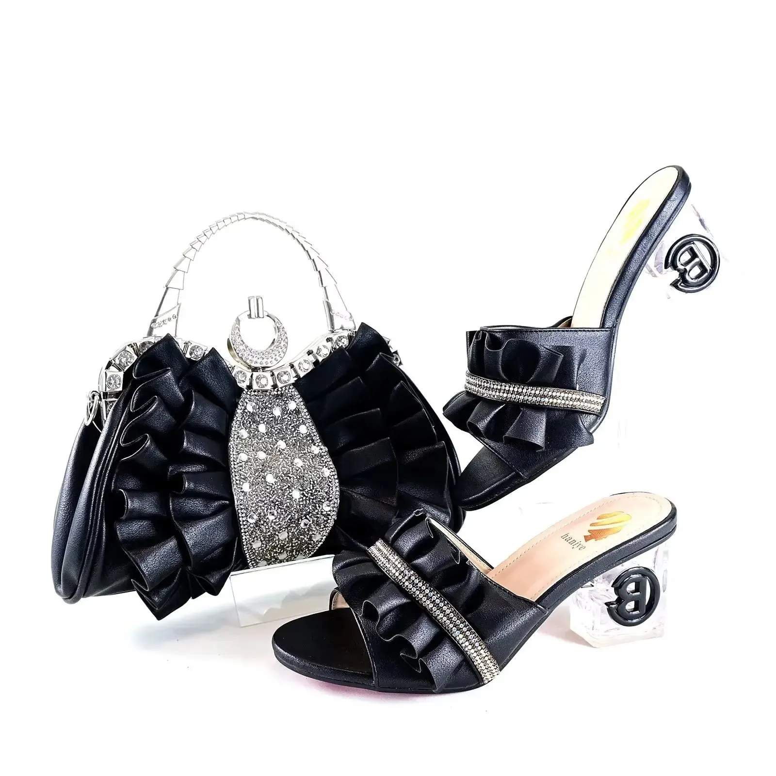 Rhinestone Inlaid High Heels Elegant Ladies Party Sandals And Designer Bag Set