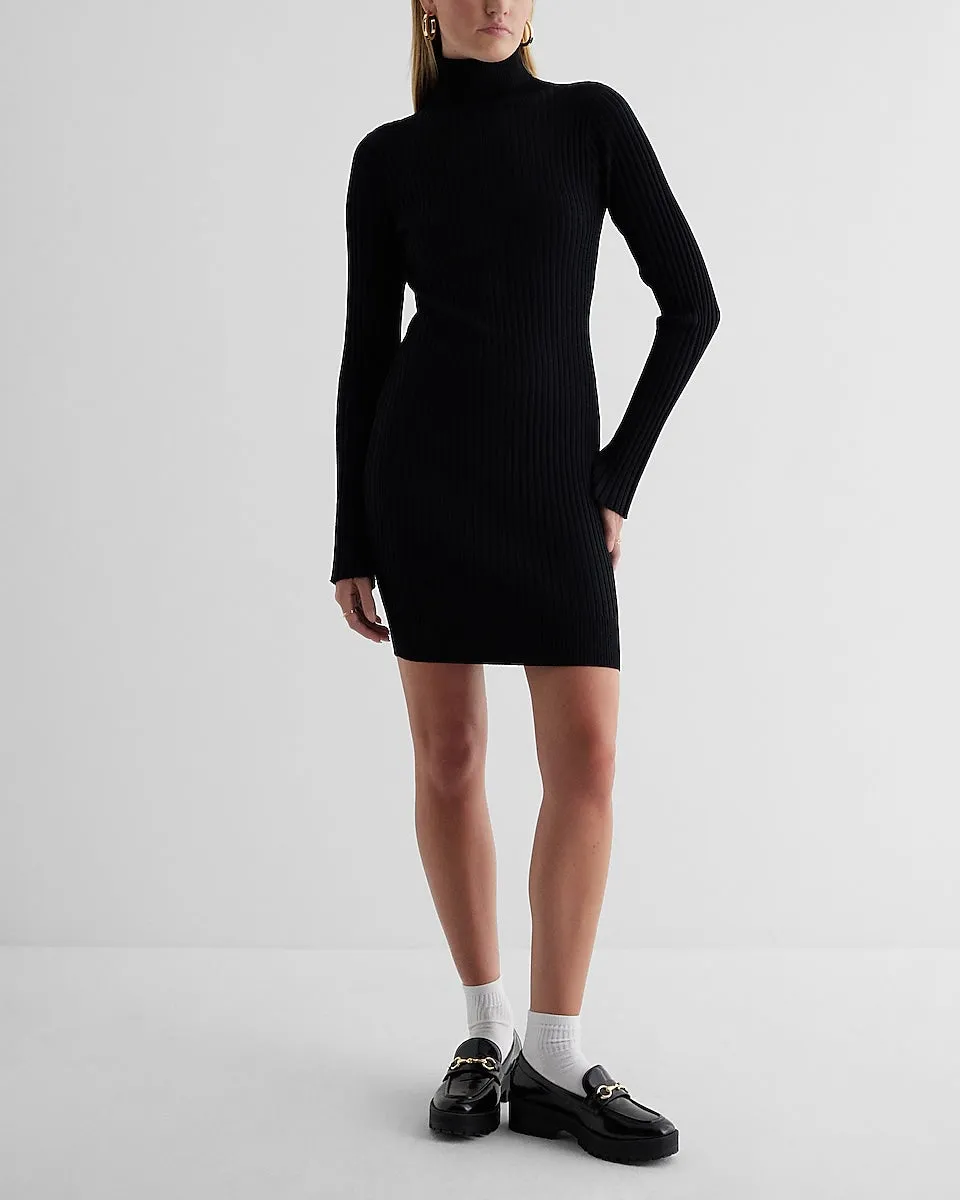 Ribbed Turtleneck Long Sleeve Mini Sweater Dress in Pitch Black