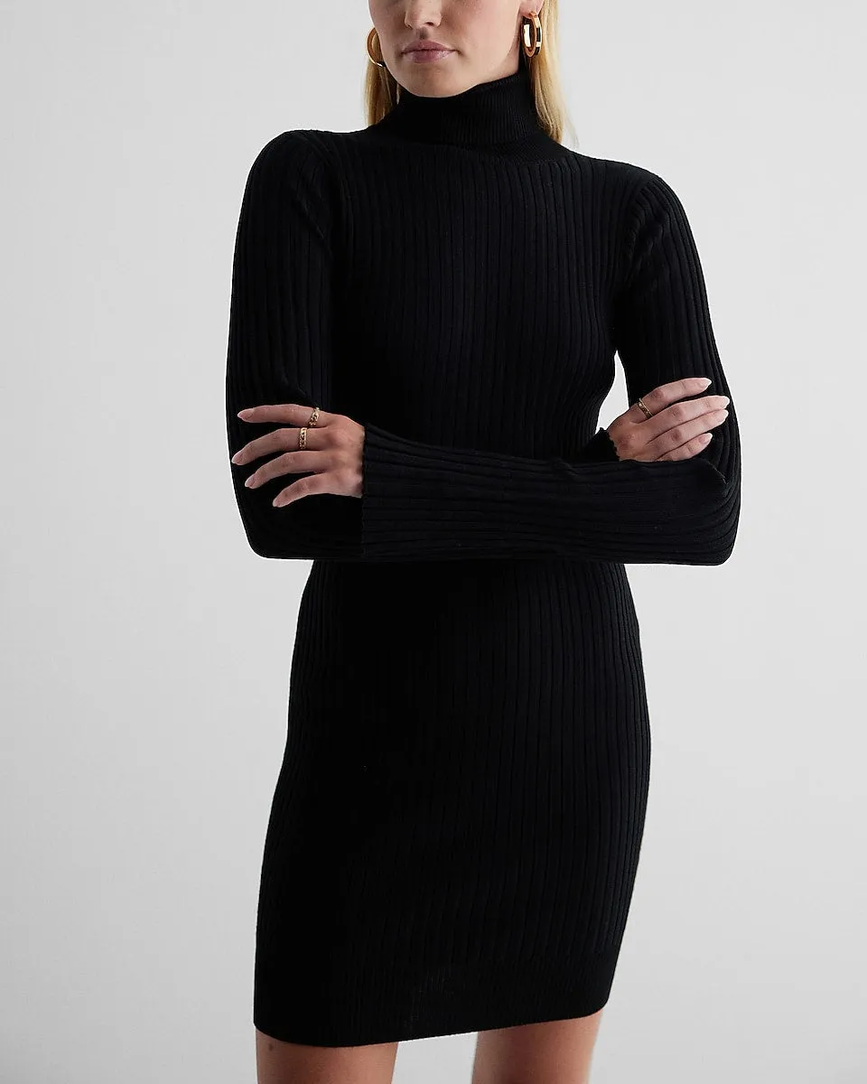 Ribbed Turtleneck Long Sleeve Mini Sweater Dress in Pitch Black