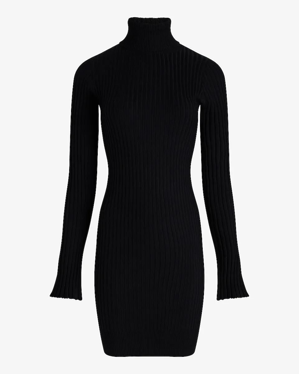 Ribbed Turtleneck Long Sleeve Mini Sweater Dress in Pitch Black