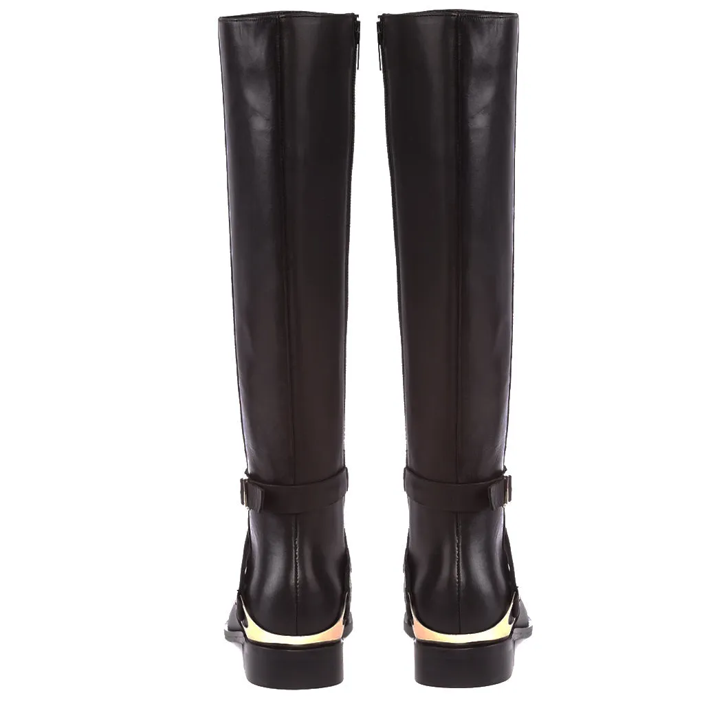 Saint Damaris Dark Brown Leather Buckle Decor Knee High Boots