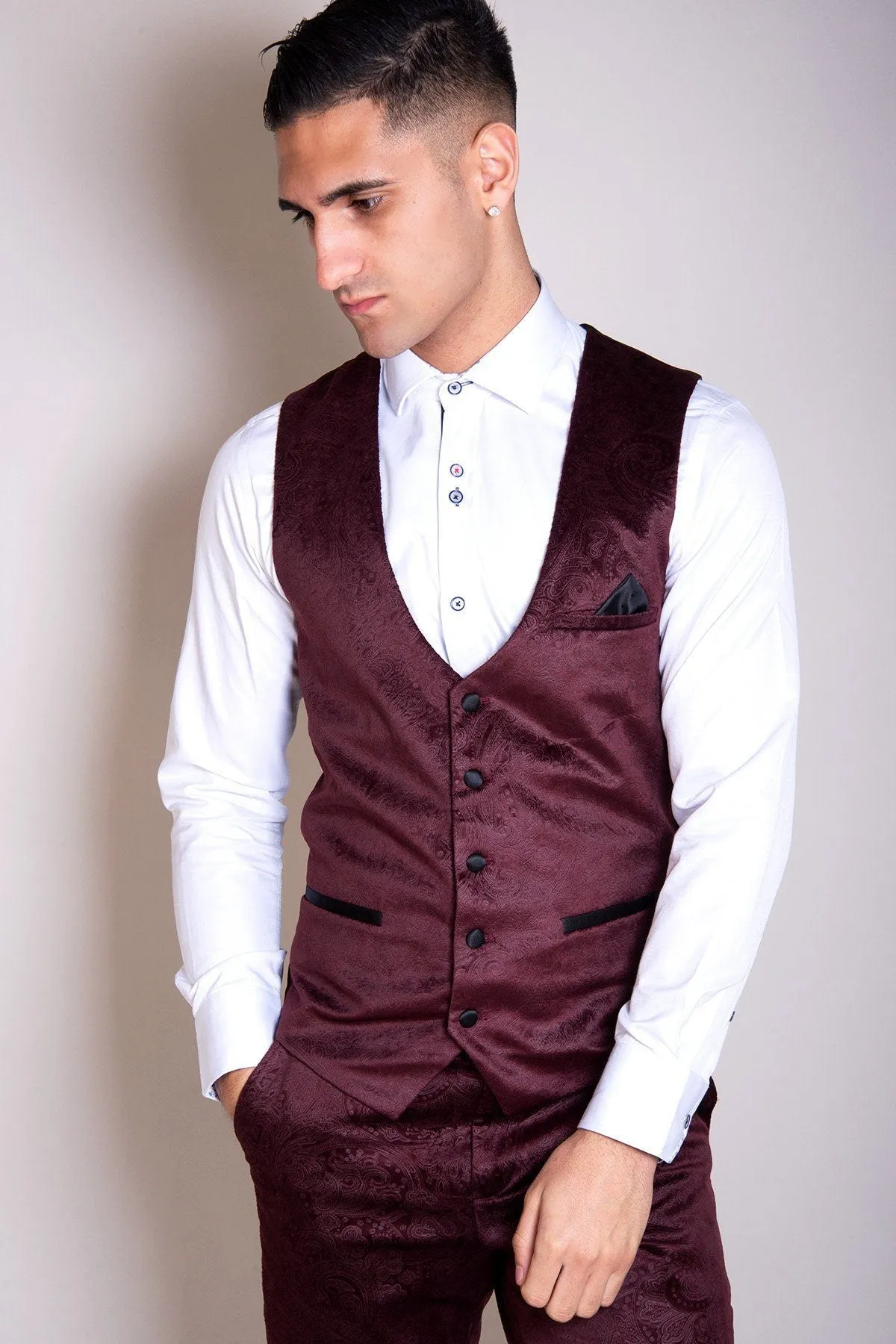 Simon Jacquard Wine Velvet Three Piece Suit :- Velvet Suits